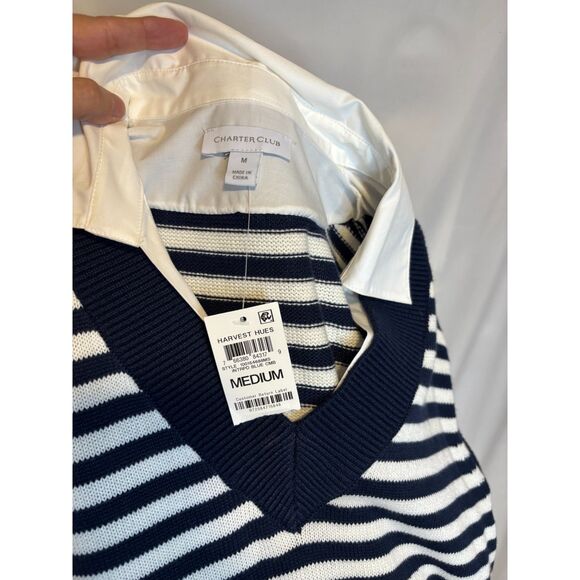 Charter Club Layered Sweater Striped Vest Shirt Intrepid Blue Combo Womens - Picture 4 of 6
